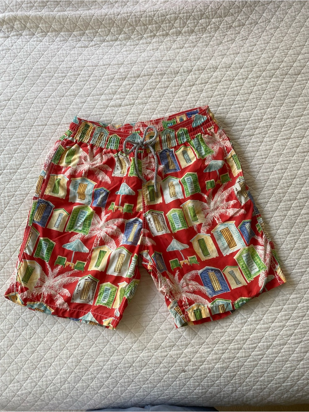 Vilebrequin Red Beach Hut Swim Trunks Palm Tree Drawstring Preppy Print Medium